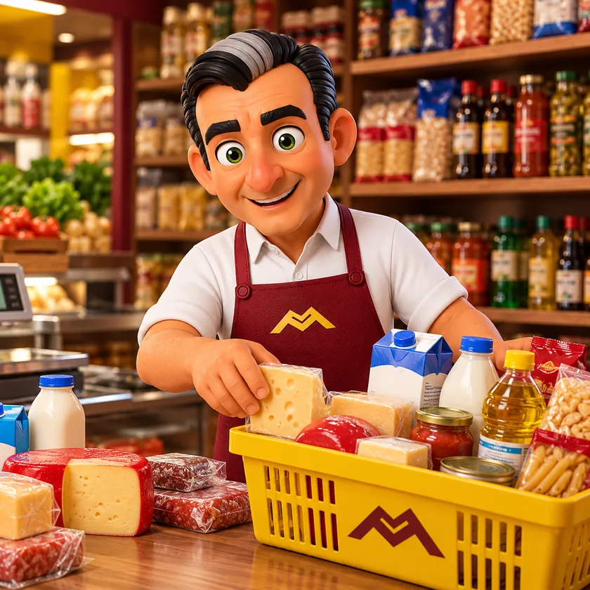 Martín Representaciones — Almacenes Personaje de Martín organizando productos para almacenes y minimercados