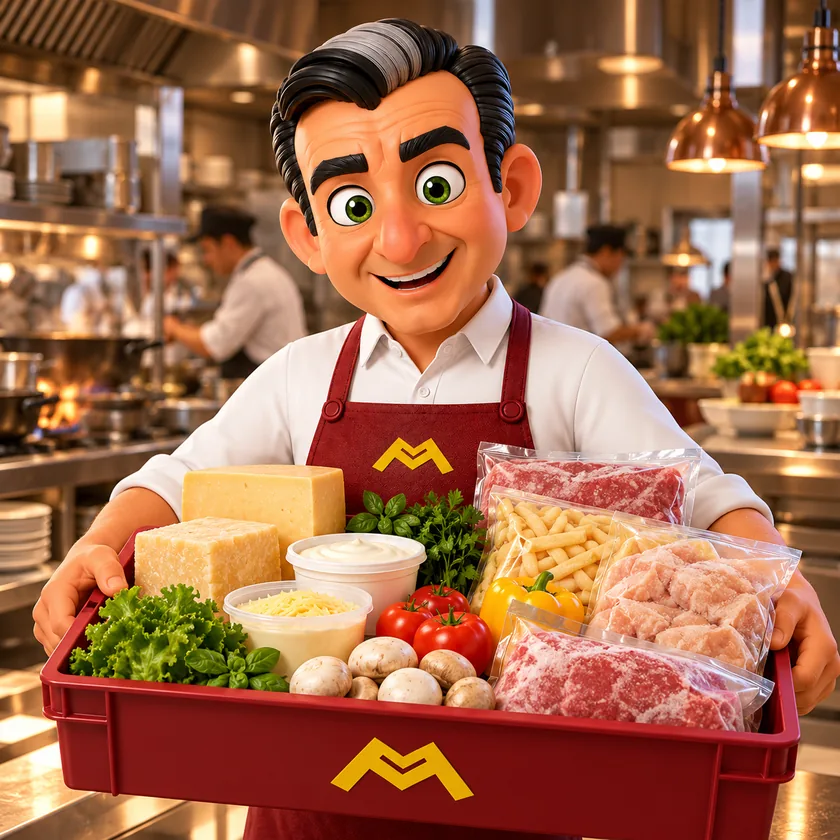 Martín Representaciones — Gastronomía Personaje de Martín presentando alimentos e ingredientes para gastronomía