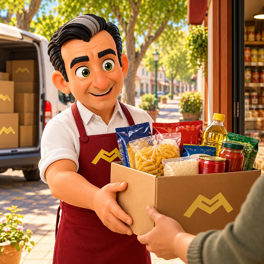 Personaje de Martín entregando una caja de alimentos a un comercio de General Alvear