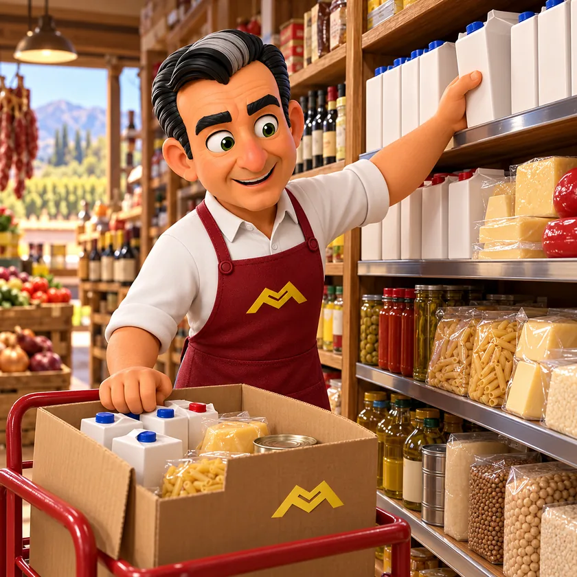 Martín Representaciones — San Carlos Personaje de Martín reponiendo alimentos en un minimercado de San Carlos
