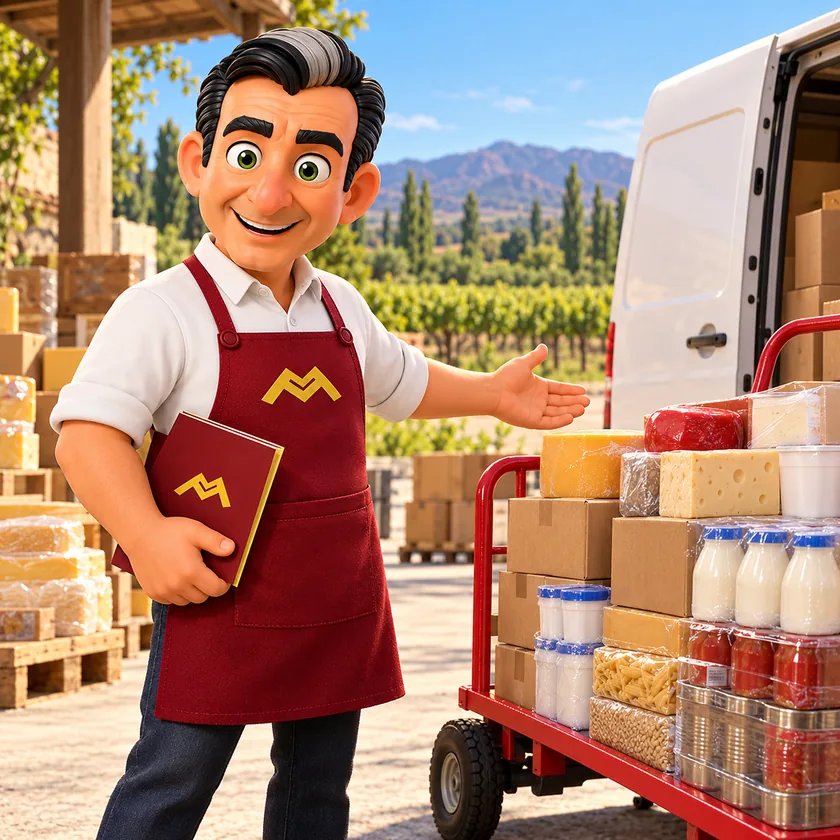 Personaje de Martín junto a un pedido de alimentos para comercios de San Rafael