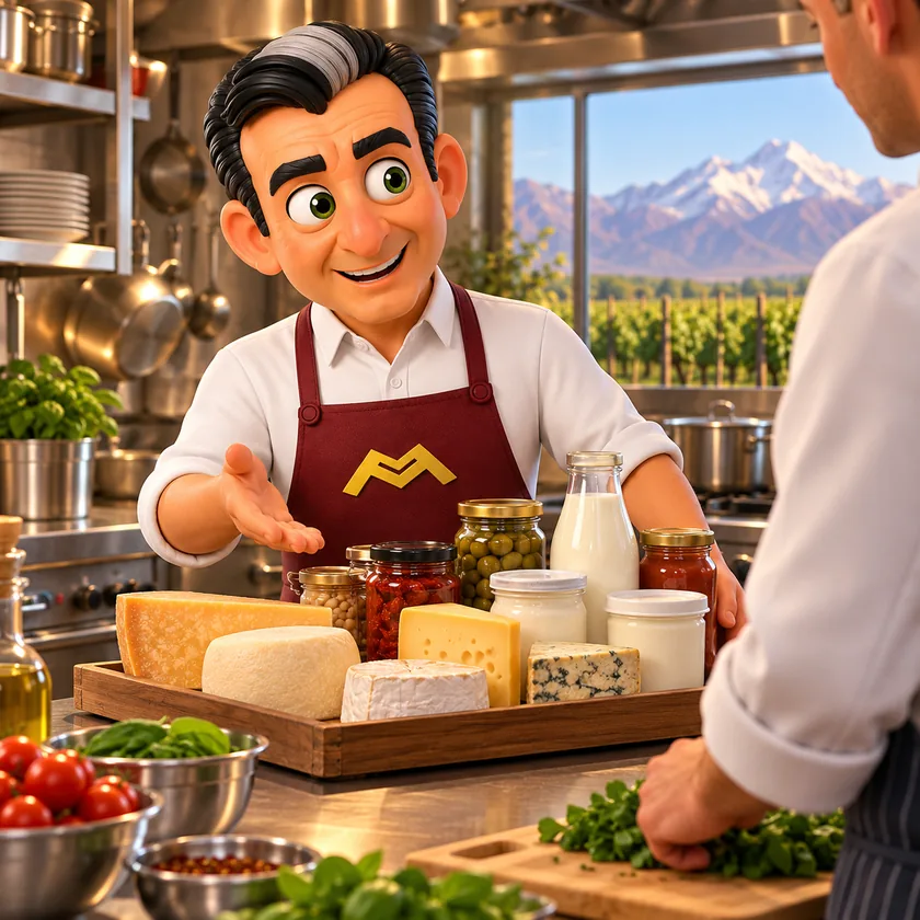 Personaje de Martín presentando ingredientes a una cocina profesional de Tupungato