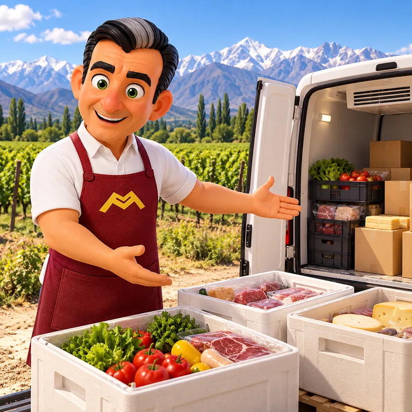 Martín Representaciones — Valle de Uco Personaje de Martín con vehículo y pedidos de alimentos para Valle de Uco